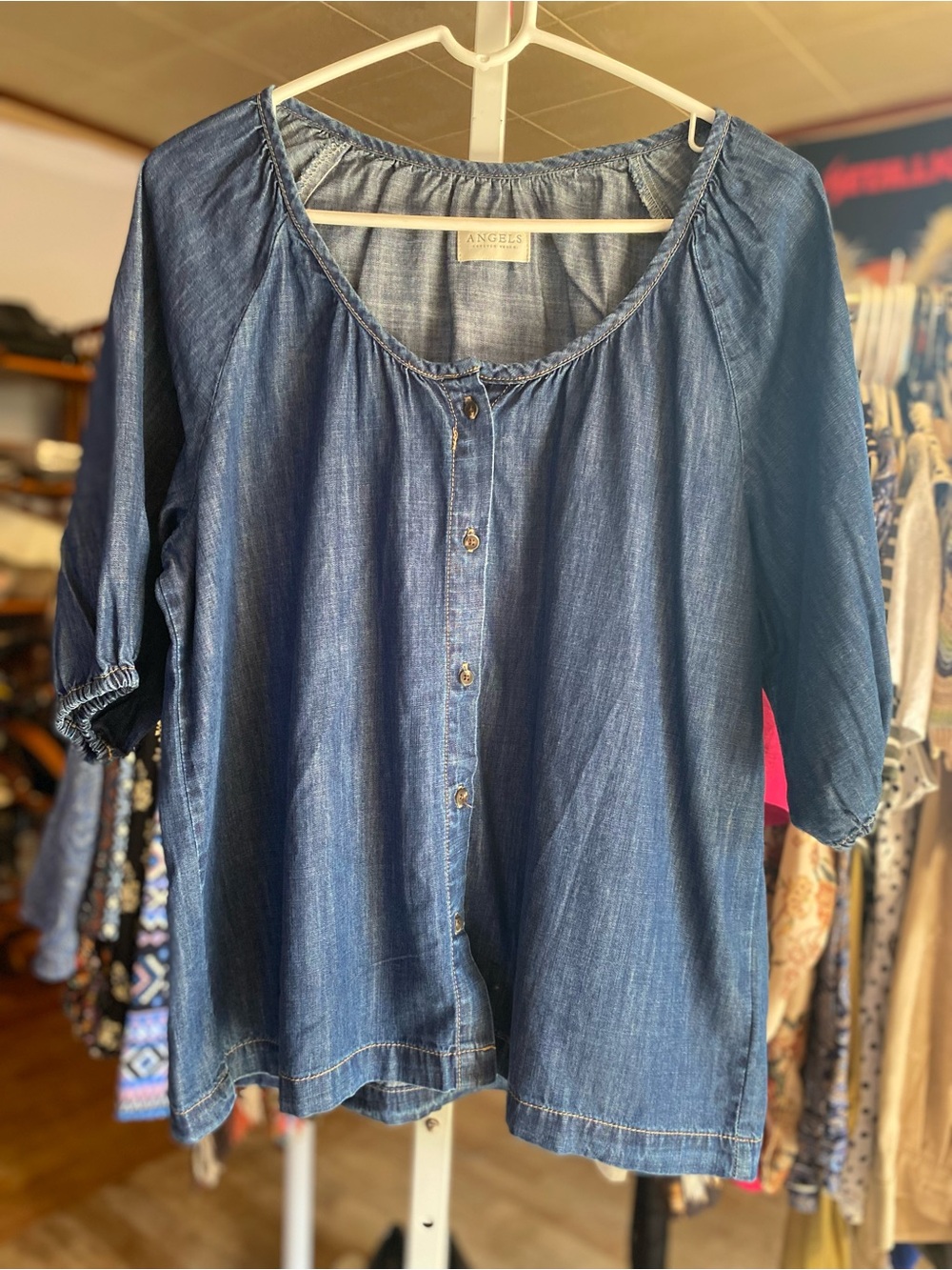Angels Blue Denim-Style Button Front Peasant Blouse